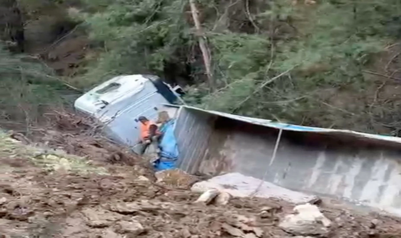 Milas'ta Korkutan Kaza: Ormanlık alana devrilen TIR'da sürücü sıkıştı, ekipler kurtardı