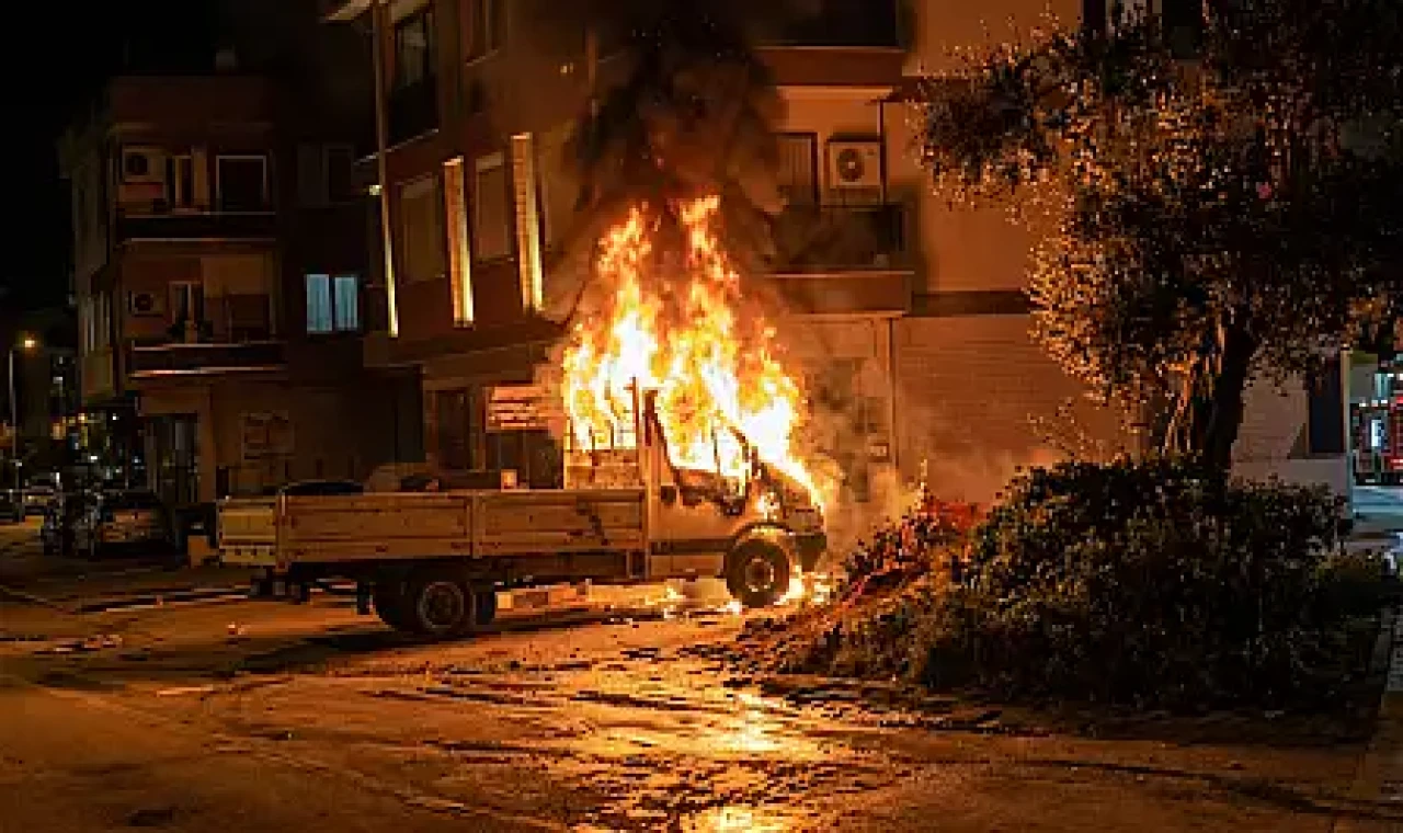Milas'ta park halindeki kamyonet yandı